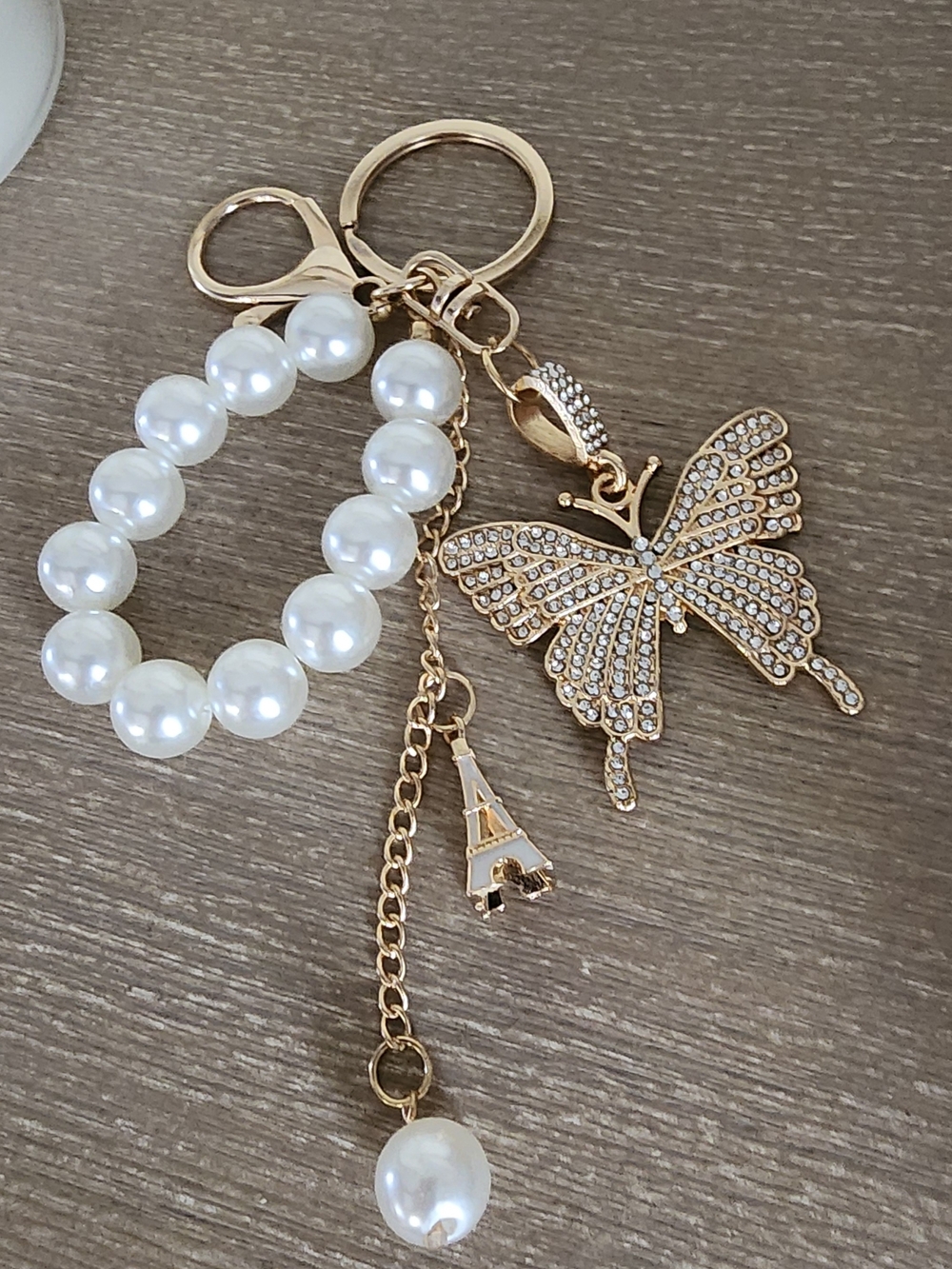 Pearl Beaded Gold Butterfly Keychain Charm
